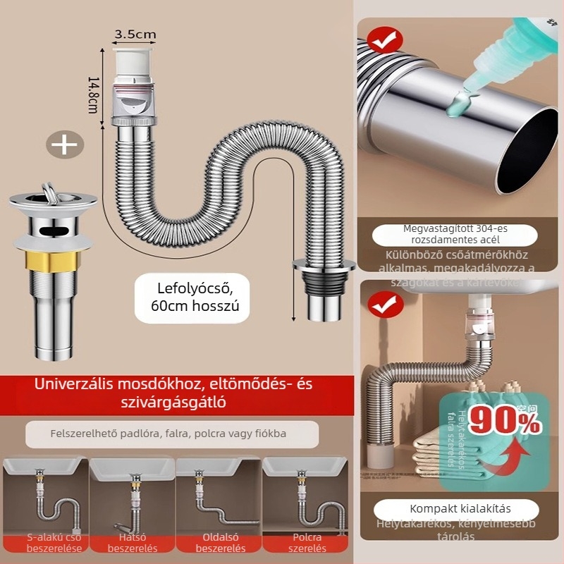 Univerzális mosdólefolyó rozsdamentes acélból, szagtalanító funkcióval és mosdó tömlőhöz tartozó kiegészítők