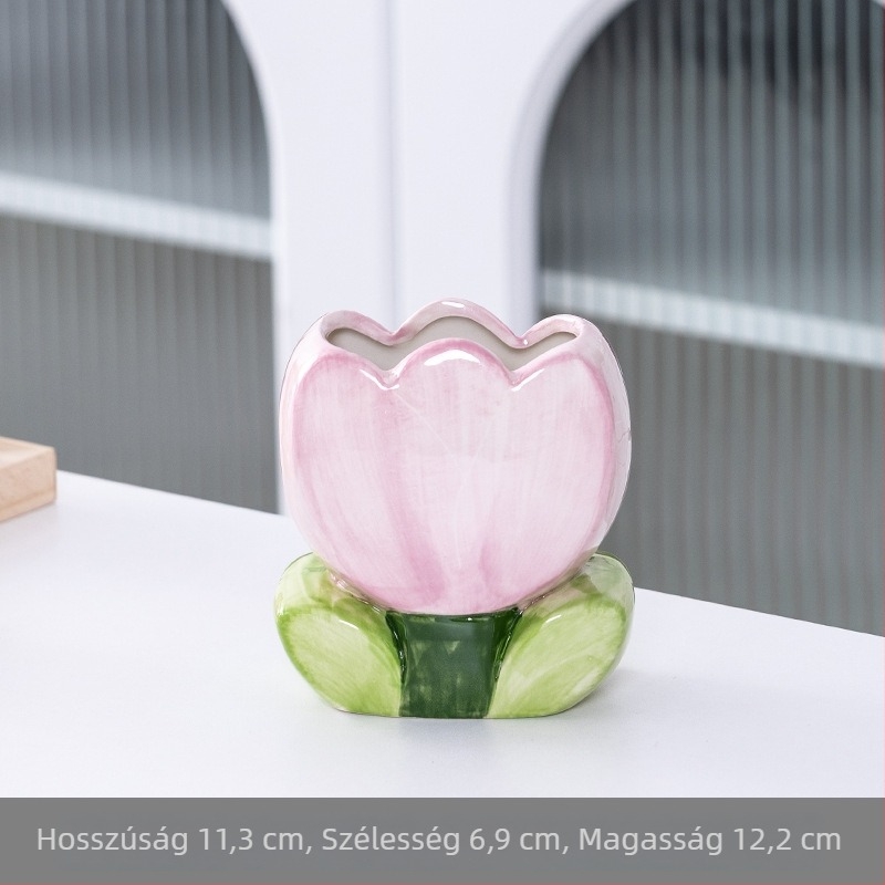 Tulipán formájú kerámia sminkecset tartó, íróeszköz tartó és asztali dekoráció