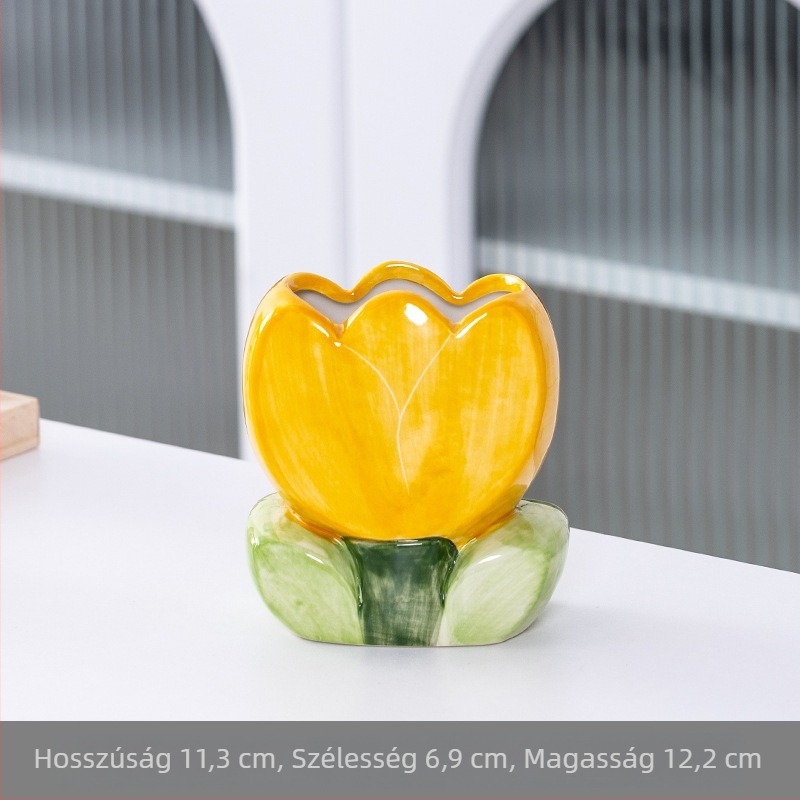 Tulipán formájú kerámia sminkecset tartó, íróeszköz tartó és asztali dekoráció