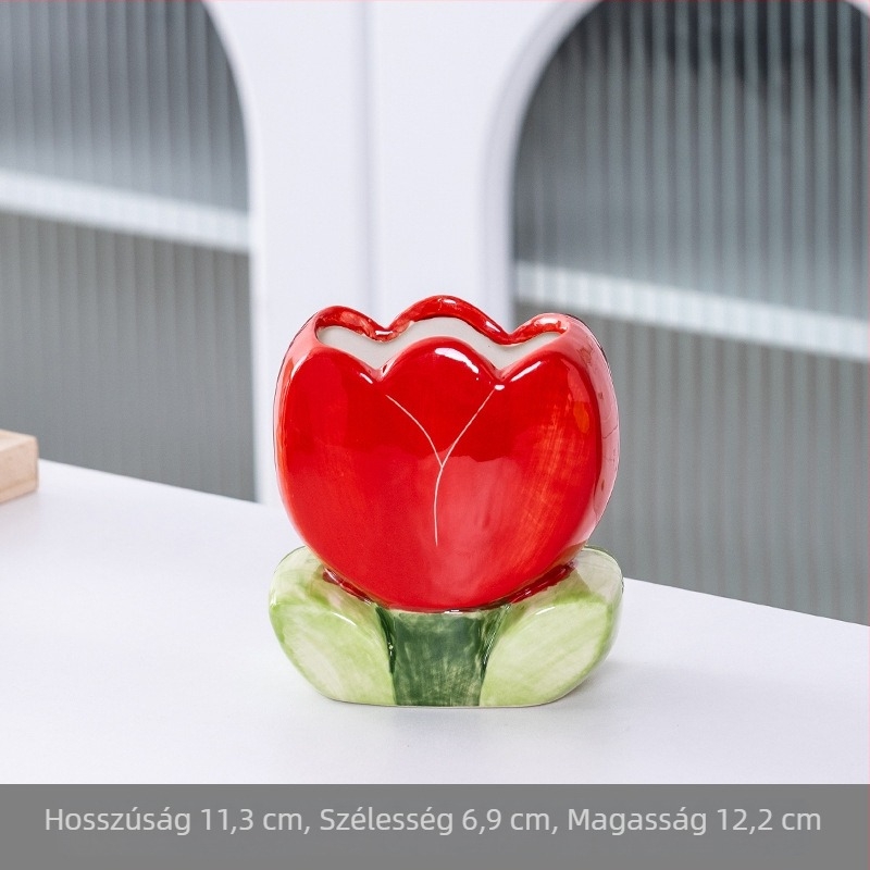 Tulipán formájú kerámia sminkecset tartó, íróeszköz tartó és asztali dekoráció