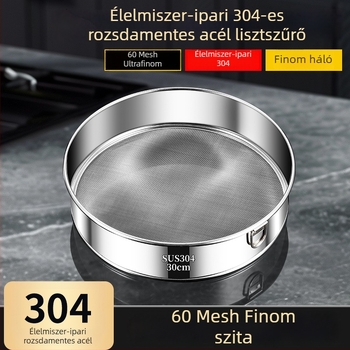 Rozsdamentes acélból készült lisztszita finom hálóval, háztartási szita sütéshez.