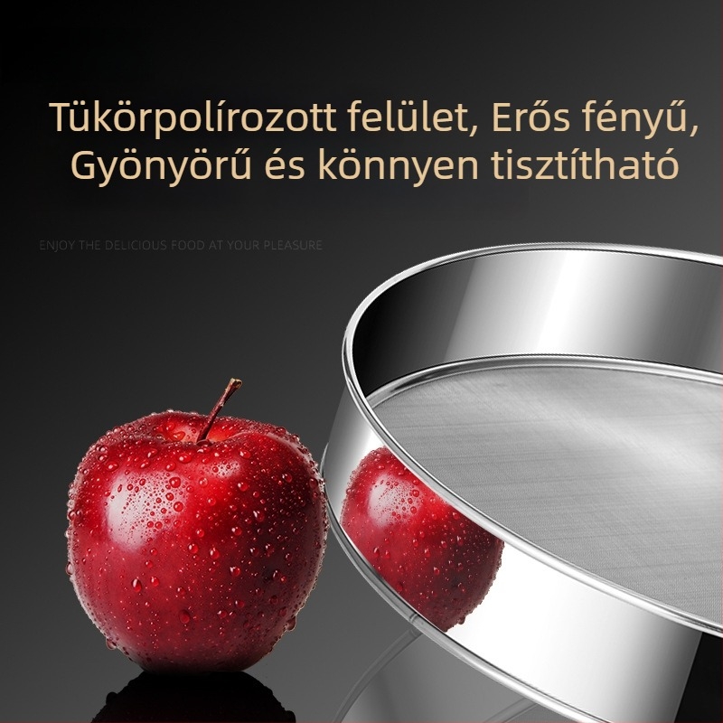 Rozsdamentes acélból készült lisztszita finom hálóval, háztartási szita sütéshez.
