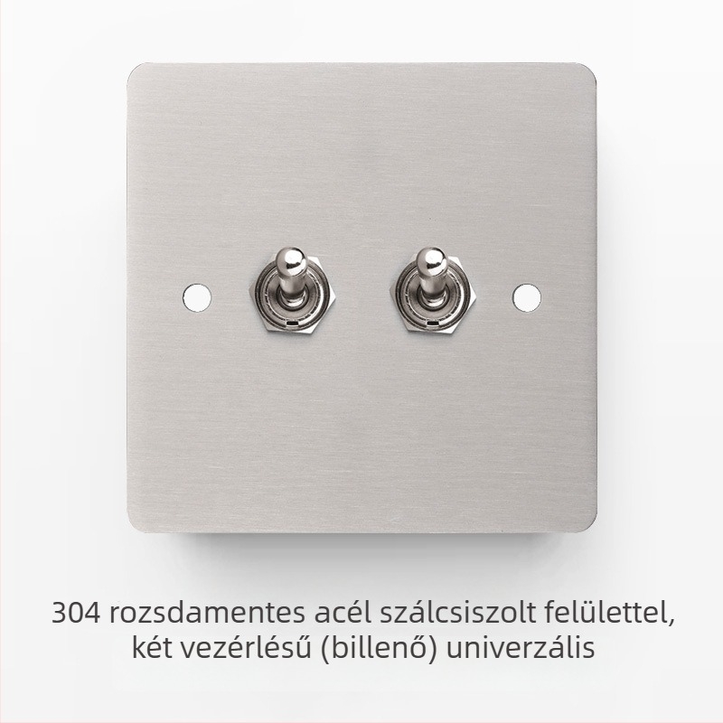 Rozsdamentes acél csiszolt felületű kapcsoló- és aljzatkészlet retró panellel, ipari stílusú karos kapcsolóval