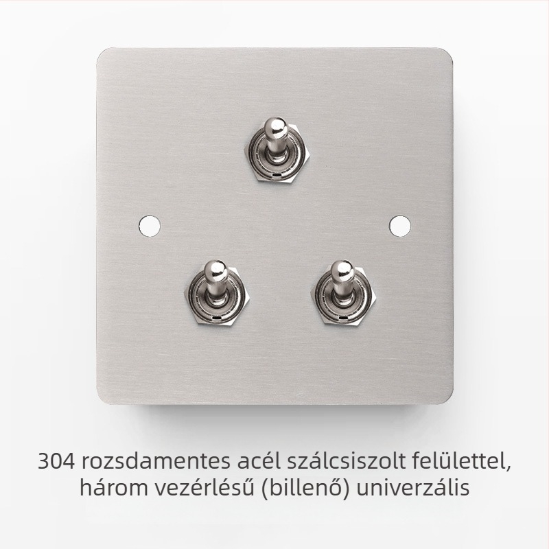 Rozsdamentes acél csiszolt felületű kapcsoló- és aljzatkészlet retró panellel, ipari stílusú karos kapcsolóval