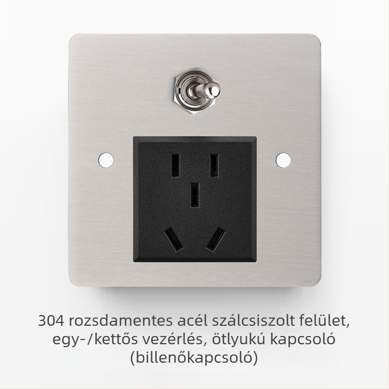 Rozsdamentes acél csiszolt felületű kapcsoló- és aljzatkészlet retró panellel, ipari stílusú karos kapcsolóval