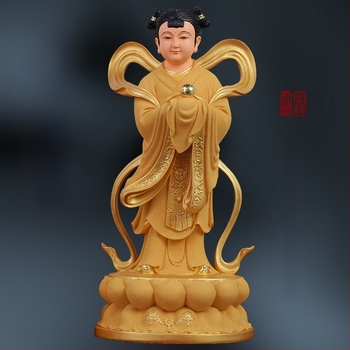 Guanyin-szobor aranyos fiúval és jade-lánnyal, otthoni dísz a jólétért, bal és jobb oldal kísérői