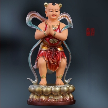 Guanyin-szobor aranyos fiúval és jade-lánnyal, otthoni dísz a jólétért, bal és jobb oldal kísérői