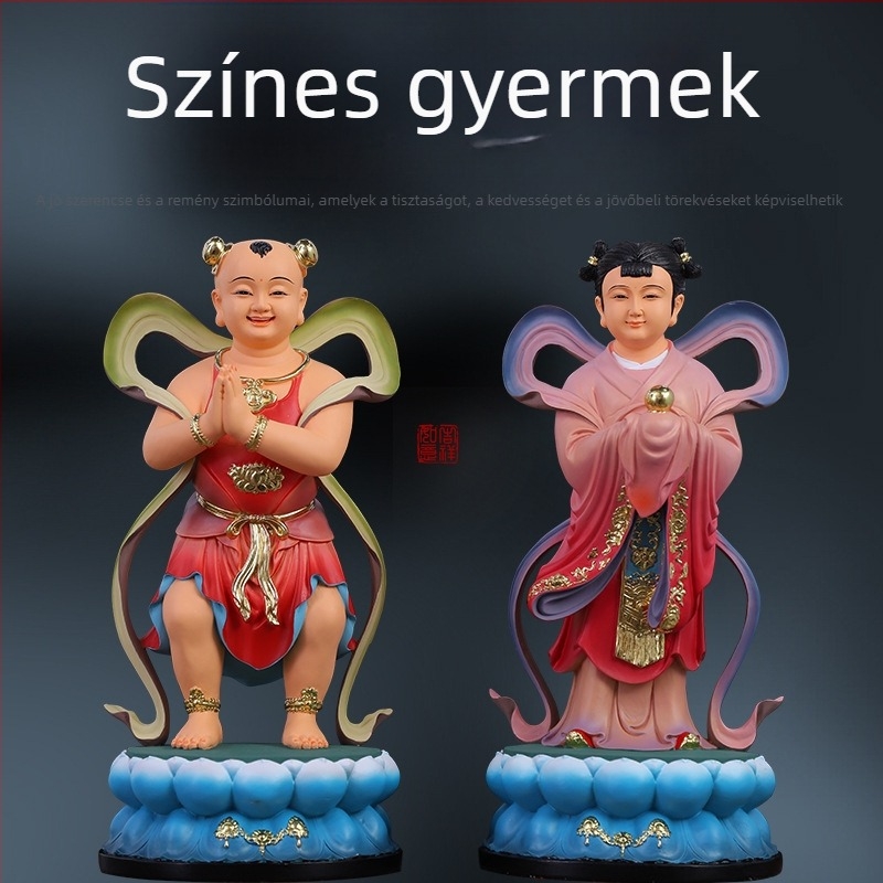 Guanyin-szobor aranyos fiúval és jade-lánnyal, otthoni dísz a jólétért, bal és jobb oldal kísérői