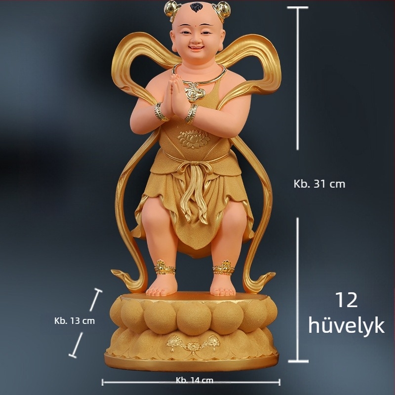 Guanyin-szobor aranyos fiúval és jade-lánnyal, otthoni dísz a jólétért, bal és jobb oldal kísérői