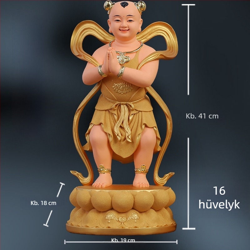 Guanyin-szobor aranyos fiúval és jade-lánnyal, otthoni dísz a jólétért, bal és jobb oldal kísérői