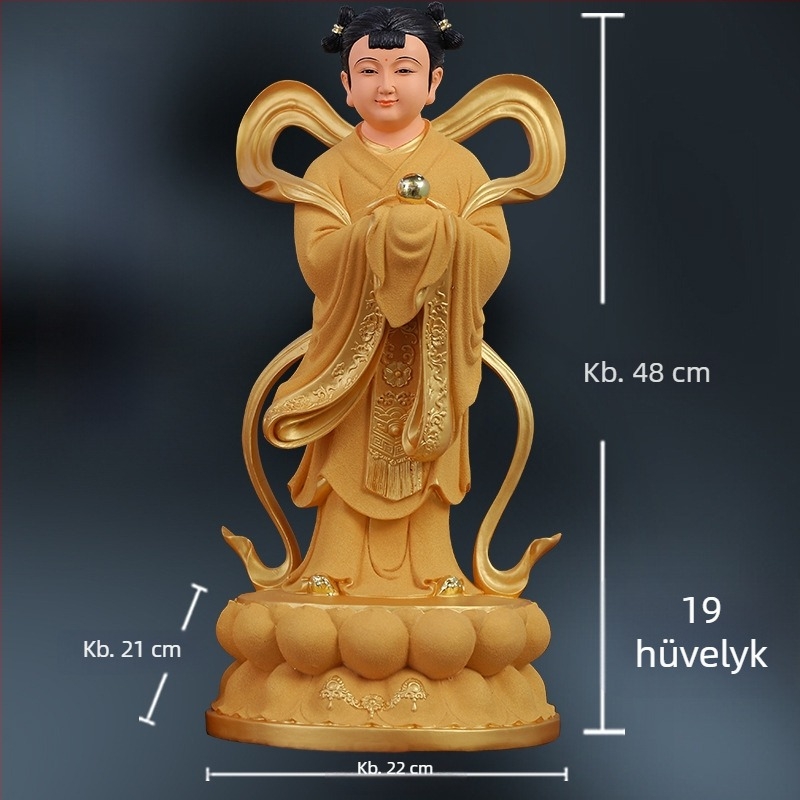 Guanyin-szobor aranyos fiúval és jade-lánnyal, otthoni dísz a jólétért, bal és jobb oldal kísérői