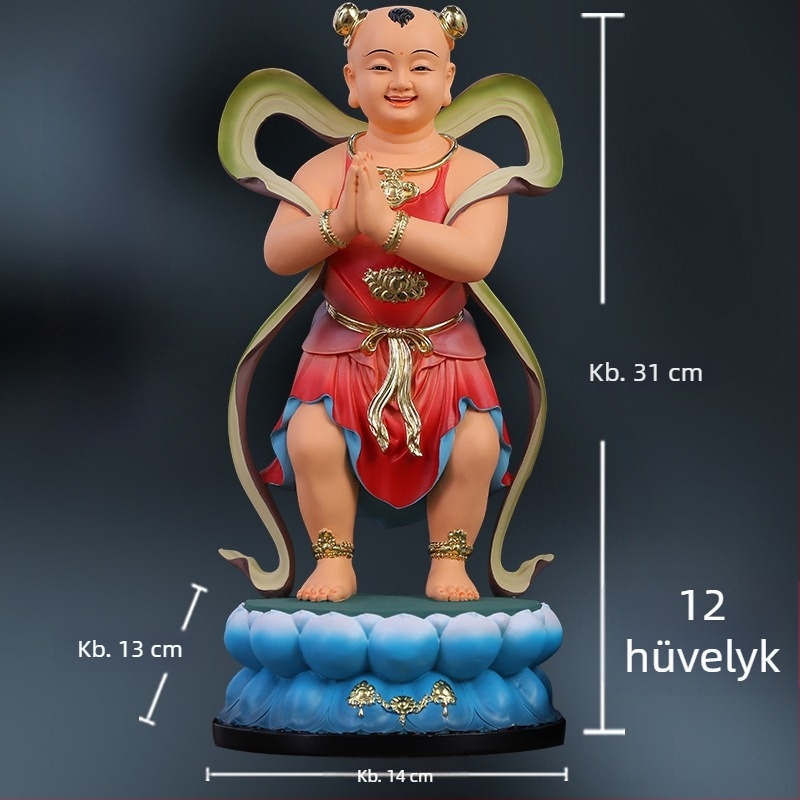 Guanyin-szobor aranyos fiúval és jade-lánnyal, otthoni dísz a jólétért, bal és jobb oldal kísérői