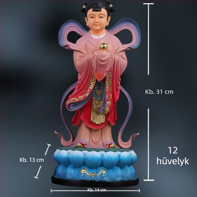 Guanyin-szobor aranyos fiúval és jade-lánnyal, otthoni dísz a jólétért, bal és jobb oldal kísérői