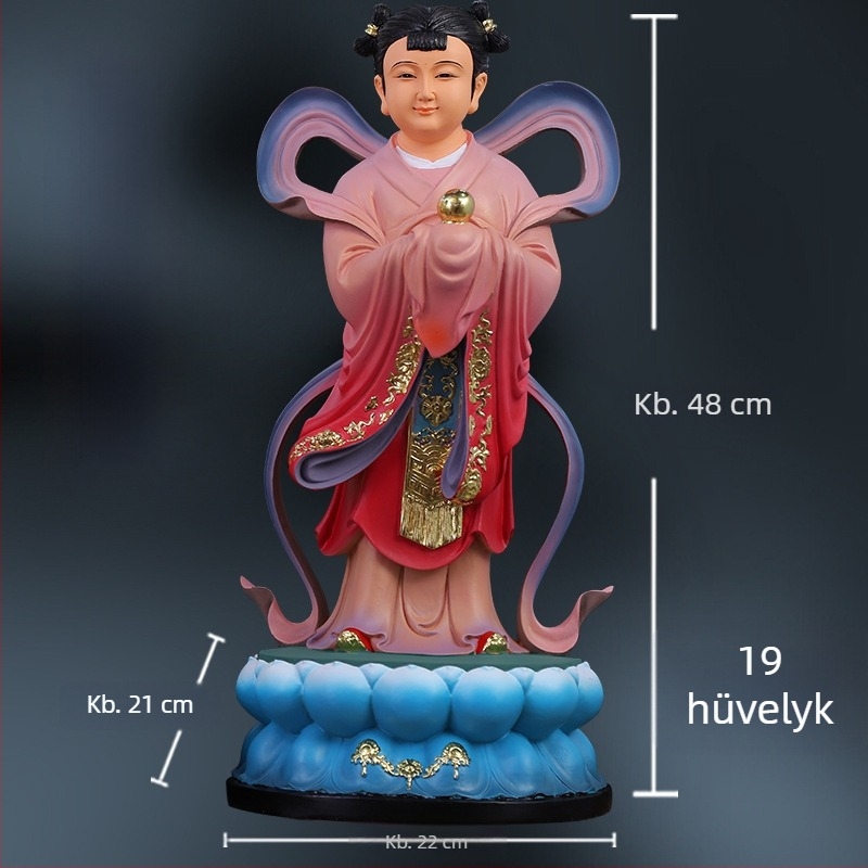 Guanyin-szobor aranyos fiúval és jade-lánnyal, otthoni dísz a jólétért, bal és jobb oldal kísérői