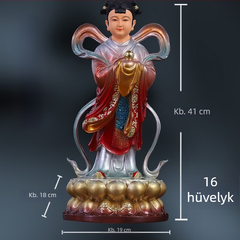 Guanyin-szobor aranyos fiúval és jade-lánnyal, otthoni dísz a jólétért, bal és jobb oldal kísérői