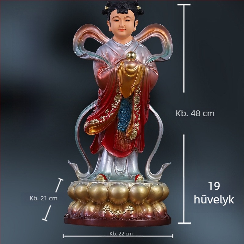 Guanyin-szobor aranyos fiúval és jade-lánnyal, otthoni dísz a jólétért, bal és jobb oldal kísérői