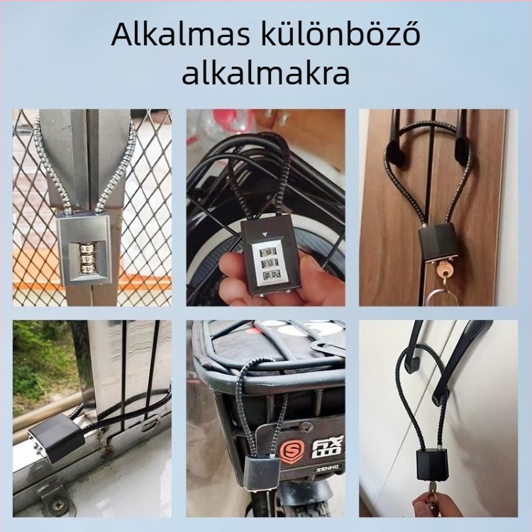 Mechanikus acélkábel-zár szekrényekhez és kosarakhoz, jelszavas nyitás