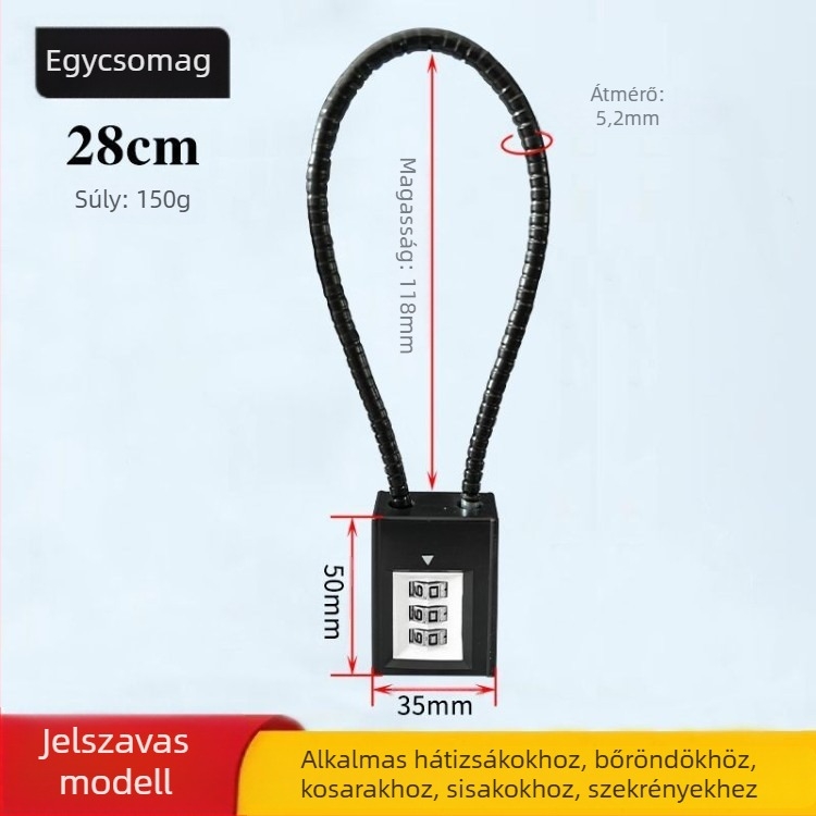 Mechanikus acélkábel-zár szekrényekhez és kosarakhoz, jelszavas nyitás