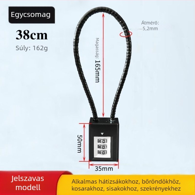 Mechanikus acélkábel-zár szekrényekhez és kosarakhoz, jelszavas nyitás