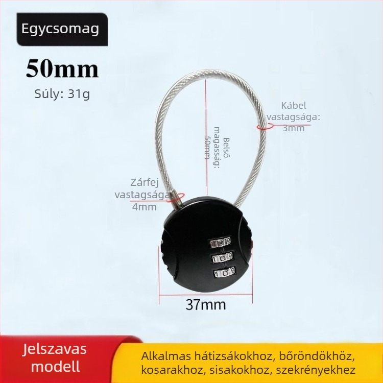 Mechanikus acélkábel-zár szekrényekhez és kosarakhoz, jelszavas nyitás