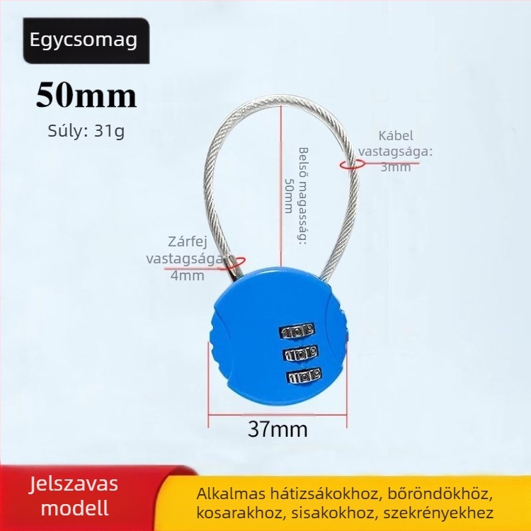 Mechanikus acélkábel-zár szekrényekhez és kosarakhoz, jelszavas nyitás
