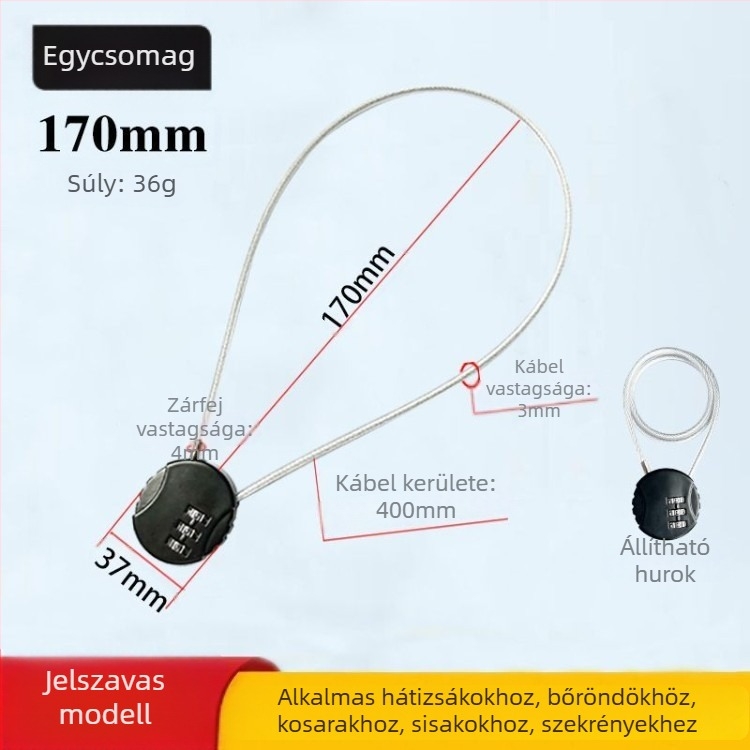 Mechanikus acélkábel-zár szekrényekhez és kosarakhoz, jelszavas nyitás