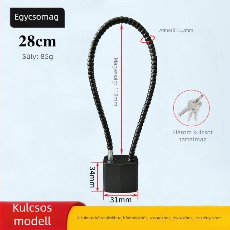 Mechanikus acélkábel-zár szekrényekhez és kosarakhoz, jelszavas nyitás