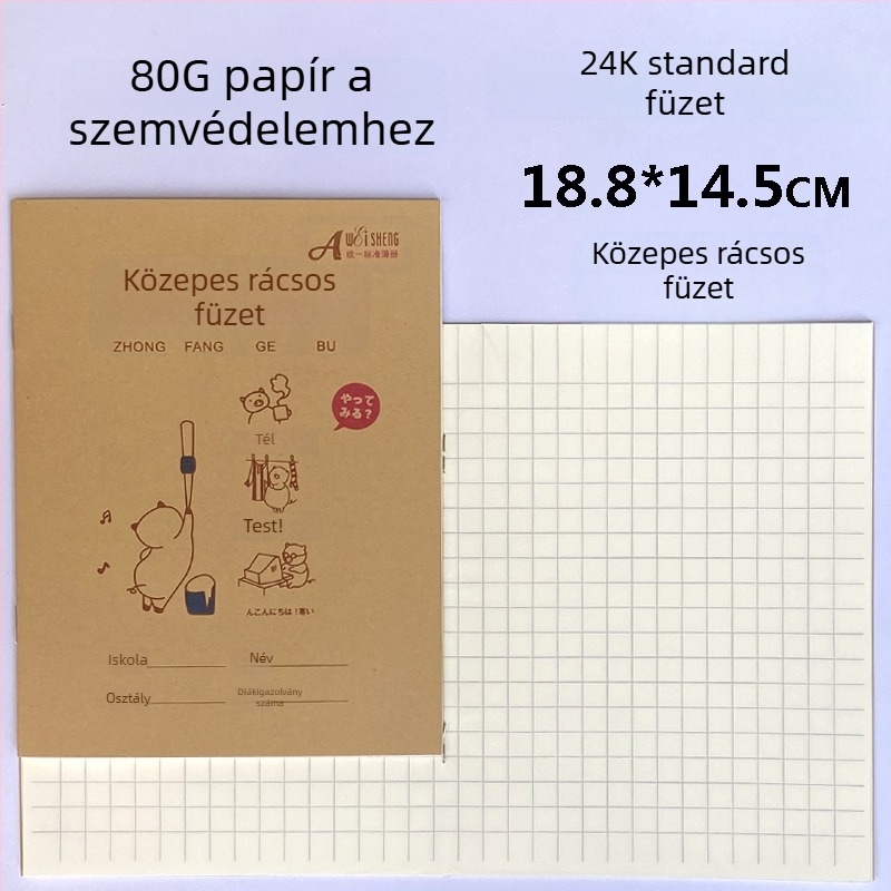 Weisheng Tehénbőr keményfedeles általános iskolai házi feladatfüzet, rajzfilmszerű borítóval, kínai Pinyin, karakterrács, vékony méret