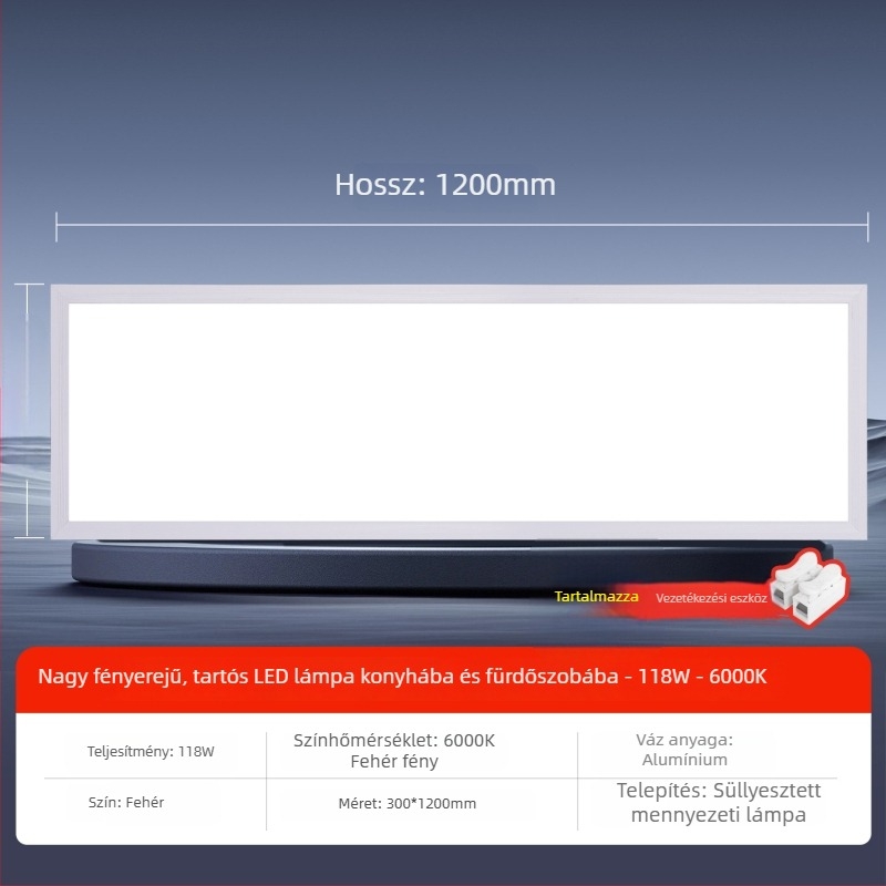 Beépített LED síkpaneles mennyezeti világítás, 600×1200 mm és 300×1200 mm, alumínium ötvözet keret gipszkartonon belül, beépített