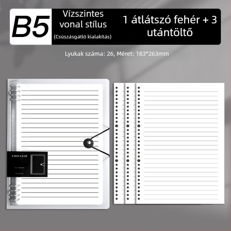 B5 lazán felhasználható füzet cserélhető betétekkel, A4 négyzetes oldalakkal, vastag, iskola és iroda számára