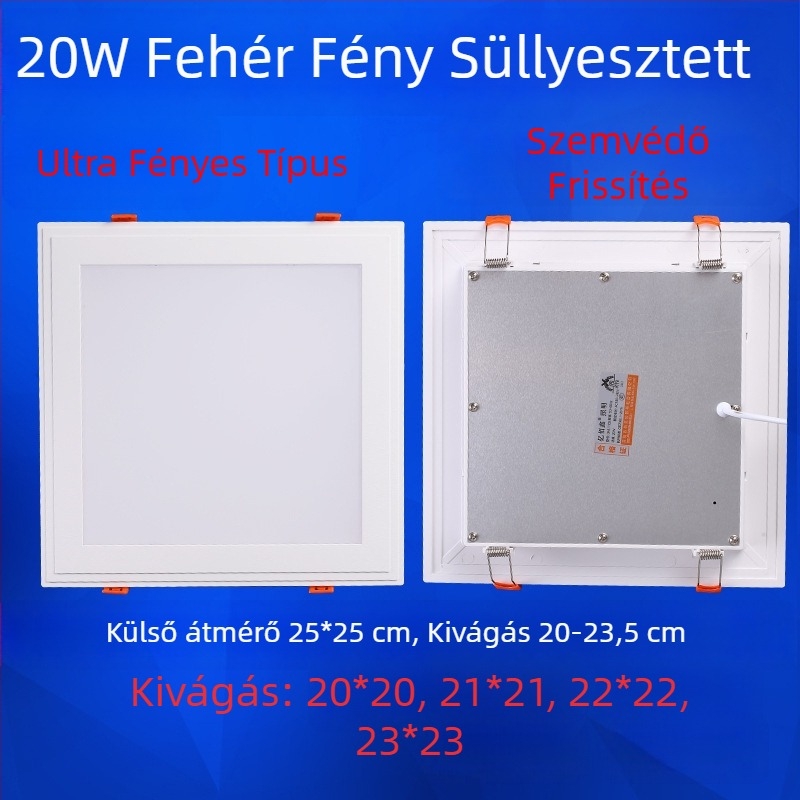 Négyzet alakú LED mennyezeti lámpa konyhához és fürdőszobához, beépített, kivágási nyílás 17–20 cm