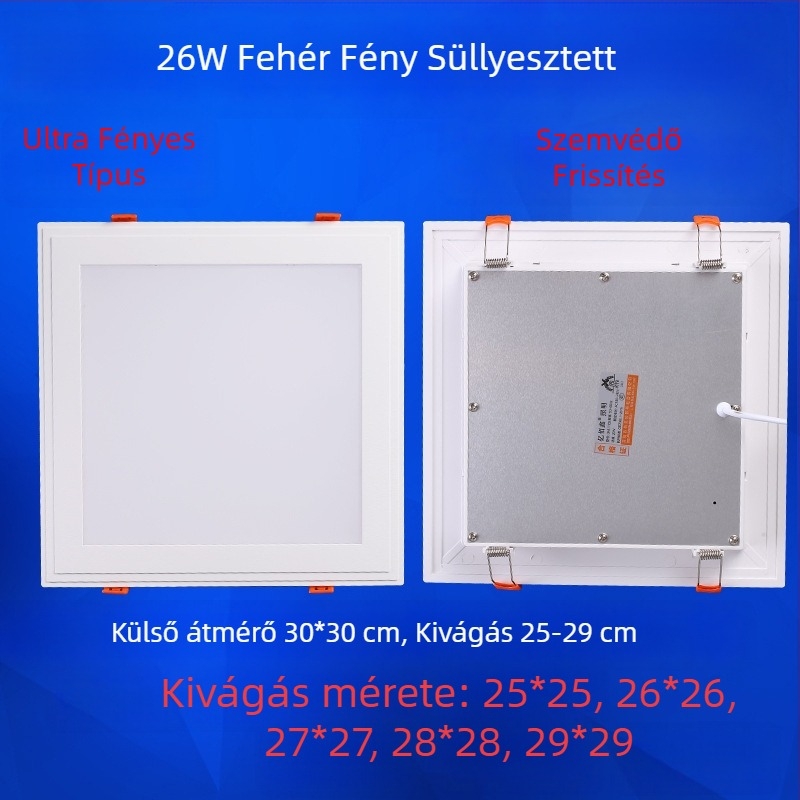 Négyzet alakú LED mennyezeti lámpa konyhához és fürdőszobához, beépített, kivágási nyílás 17–20 cm