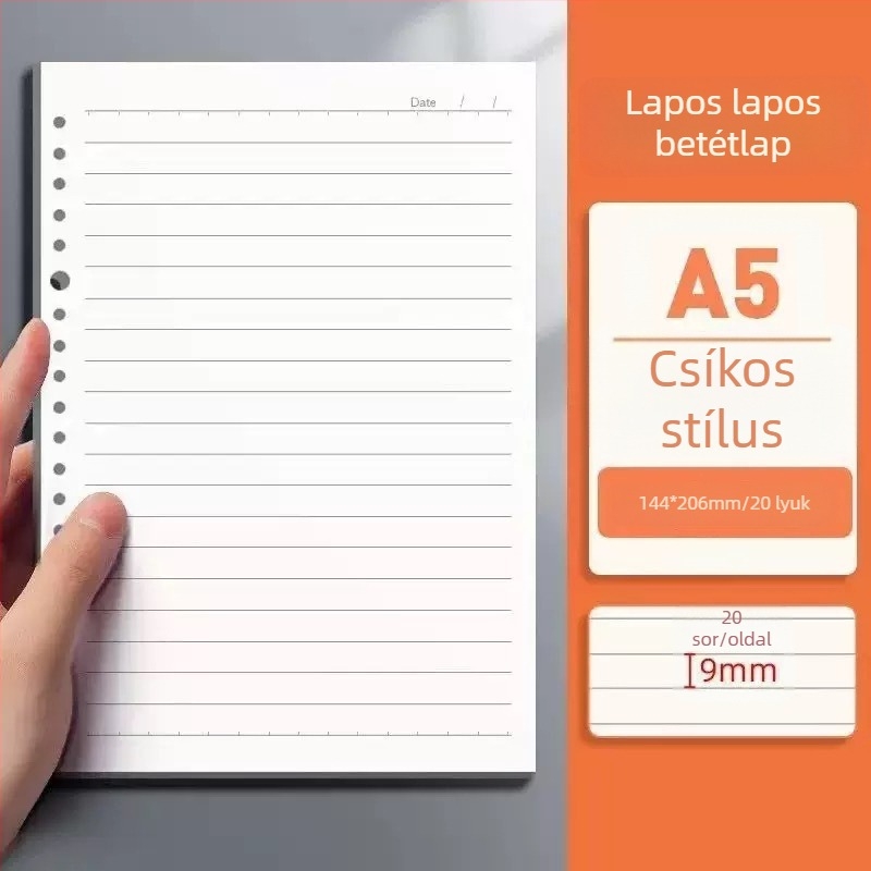 Füzethez való töltőpapír, 20 lyukas B5 üres lapok; A5 formátum, 26 lyukas belső oldalak vonalas
