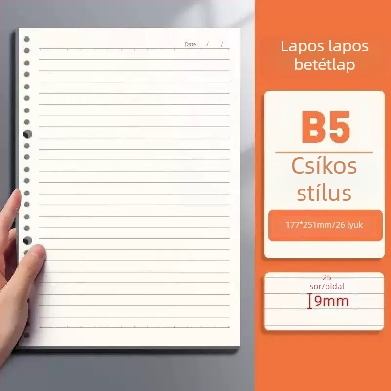 Füzethez való töltőpapír, 20 lyukas B5 üres lapok; A5 formátum, 26 lyukas belső oldalak vonalas