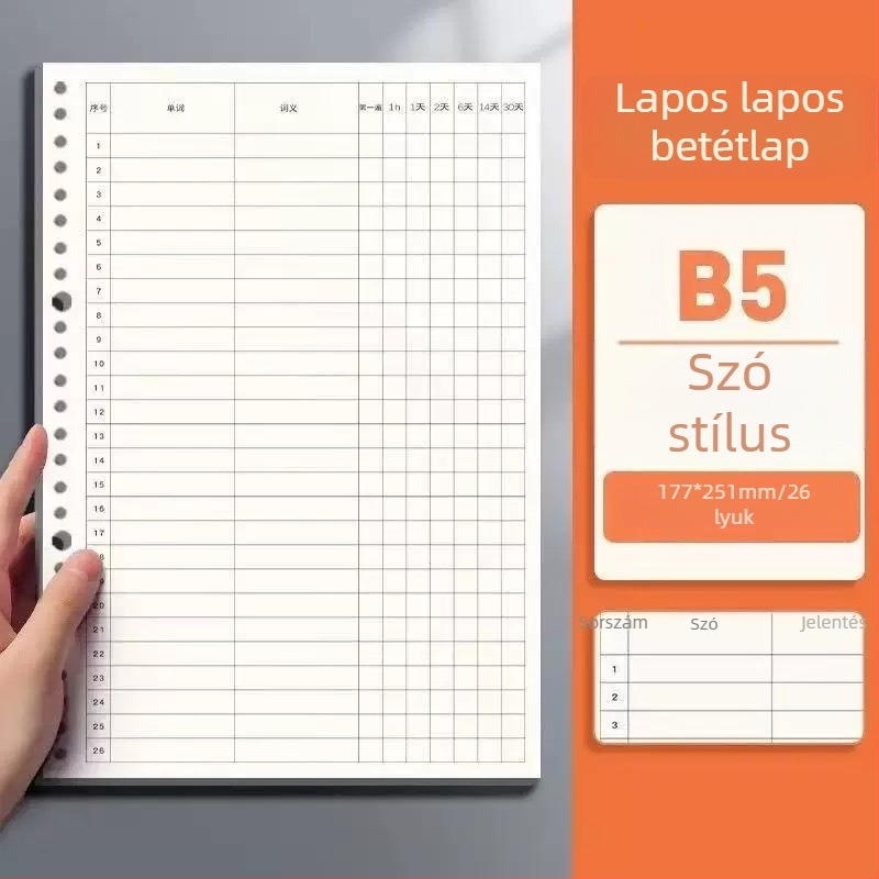 Füzethez való töltőpapír, 20 lyukas B5 üres lapok; A5 formátum, 26 lyukas belső oldalak vonalas
