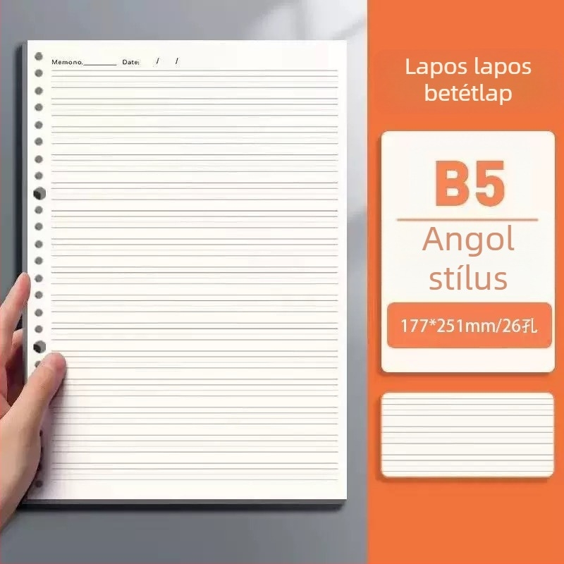 Füzethez való töltőpapír, 20 lyukas B5 üres lapok; A5 formátum, 26 lyukas belső oldalak vonalas