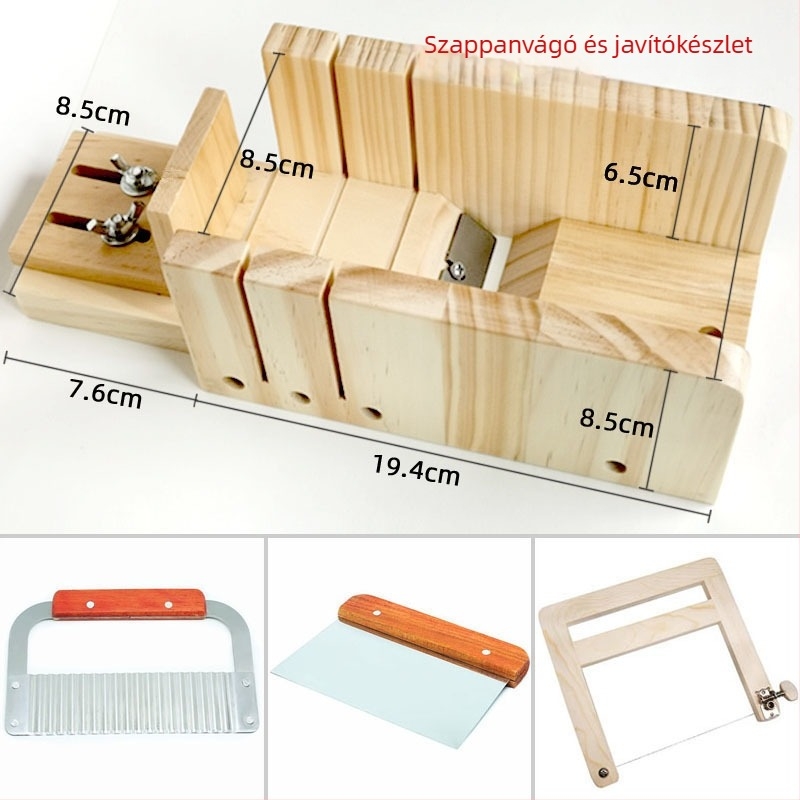 DIY eszközök meleg eljárású szappankészítéshez: szappanalap, kenyérszerű forma és vágó, pigmentek, viaszolvasztóedény és melegítő