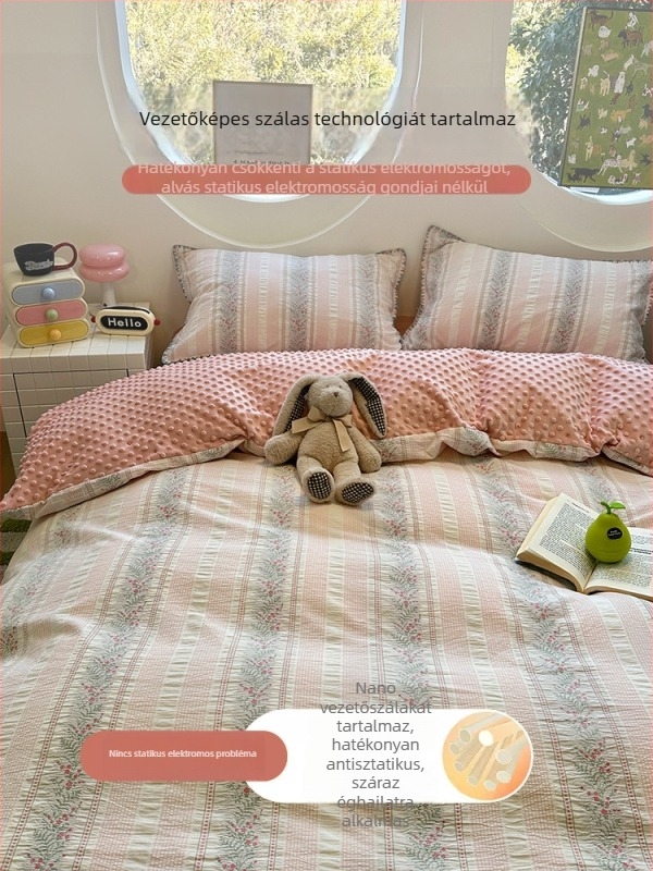 Őszi–téli pamut jacquard Bean Velvet ágyneműkészlet, rózsaszín apró virág mintával, négy darab