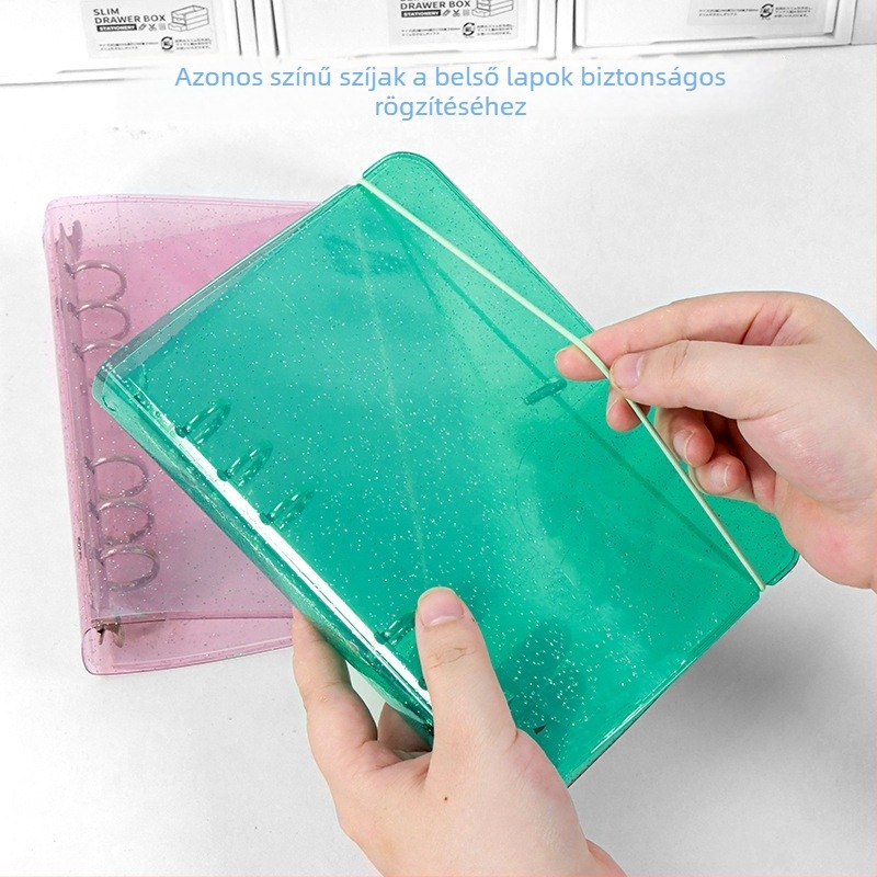 Átlátszó glitteres pánt A6-os noteszhoz, levehető borítóval, 6 lyukú, A5-ös notesz, hordozható