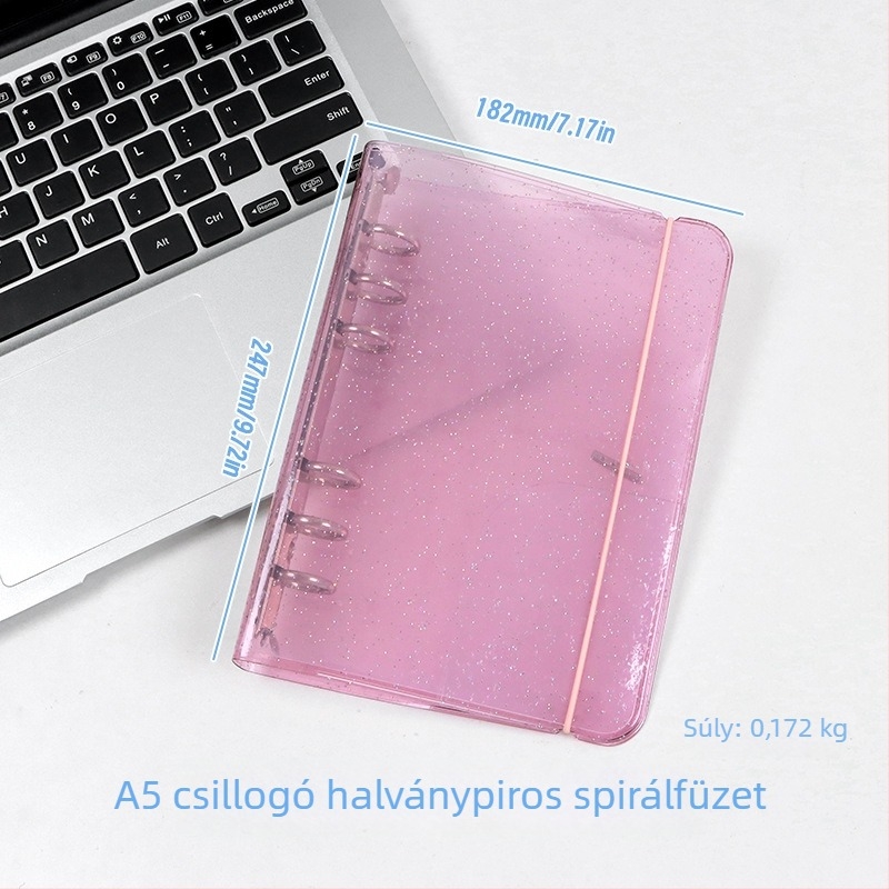 Átlátszó glitteres pánt A6-os noteszhoz, levehető borítóval, 6 lyukú, A5-ös notesz, hordozható