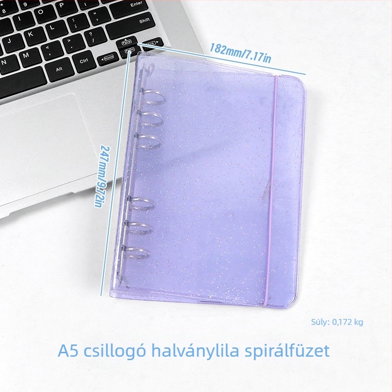 Átlátszó glitteres pánt A6-os noteszhoz, levehető borítóval, 6 lyukú, A5-ös notesz, hordozható