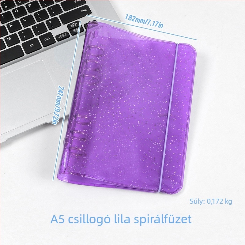 Átlátszó glitteres pánt A6-os noteszhoz, levehető borítóval, 6 lyukú, A5-ös notesz, hordozható