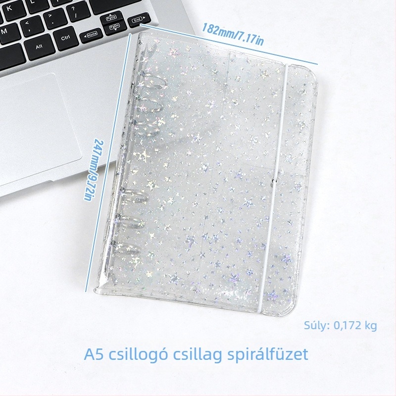 Átlátszó glitteres pánt A6-os noteszhoz, levehető borítóval, 6 lyukú, A5-ös notesz, hordozható