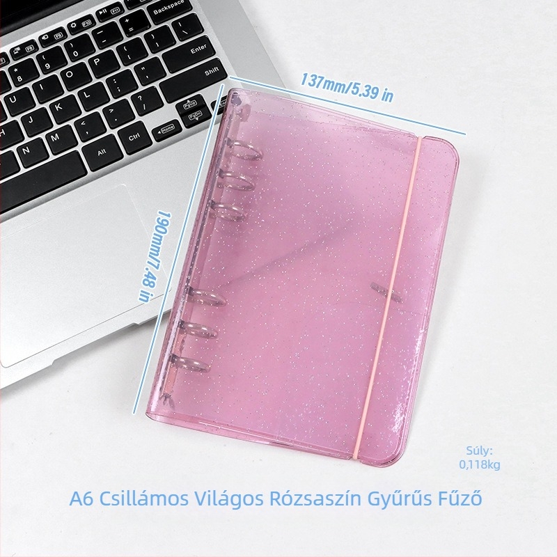 Átlátszó glitteres pánt A6-os noteszhoz, levehető borítóval, 6 lyukú, A5-ös notesz, hordozható