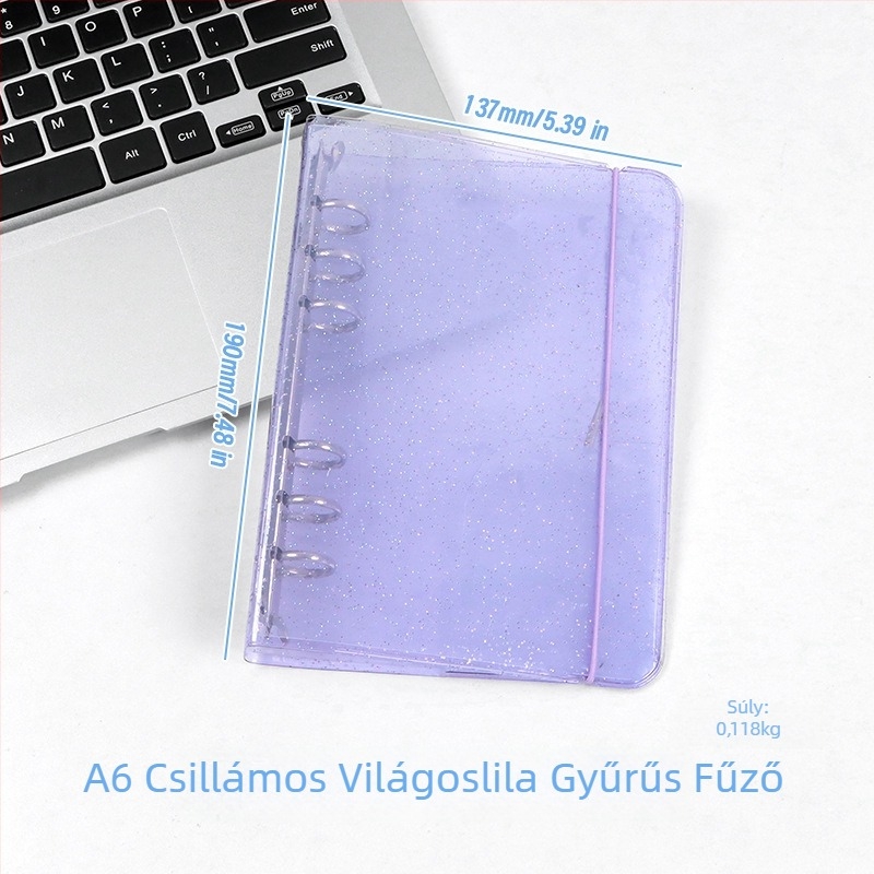 Átlátszó glitteres pánt A6-os noteszhoz, levehető borítóval, 6 lyukú, A5-ös notesz, hordozható