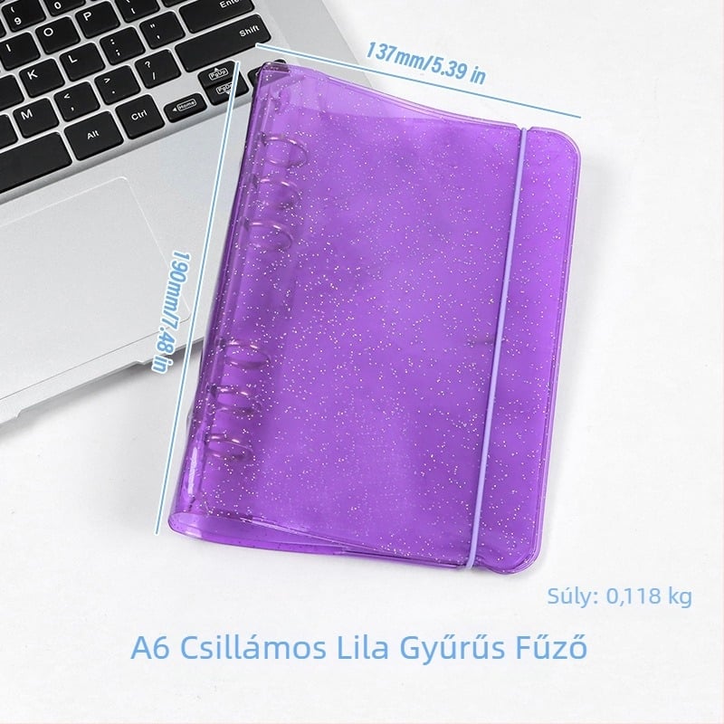 Átlátszó glitteres pánt A6-os noteszhoz, levehető borítóval, 6 lyukú, A5-ös notesz, hordozható