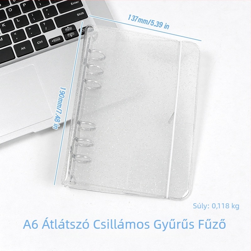 Átlátszó glitteres pánt A6-os noteszhoz, levehető borítóval, 6 lyukú, A5-ös notesz, hordozható