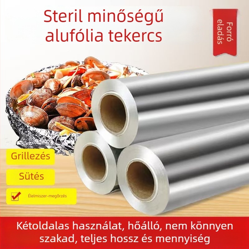 Élelmiszer-minőségű alumínium fólia, hőálló, vastagított és széles, grillhez és sütéshez, nagy tekercs