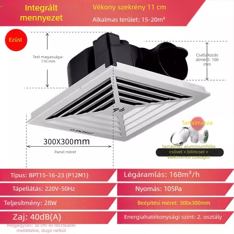 Jinling mennyezeti szellőző ventilátor gipszkartonos mennyezethez, 30x30 cm, fürdőszoba és WC szellőztetés