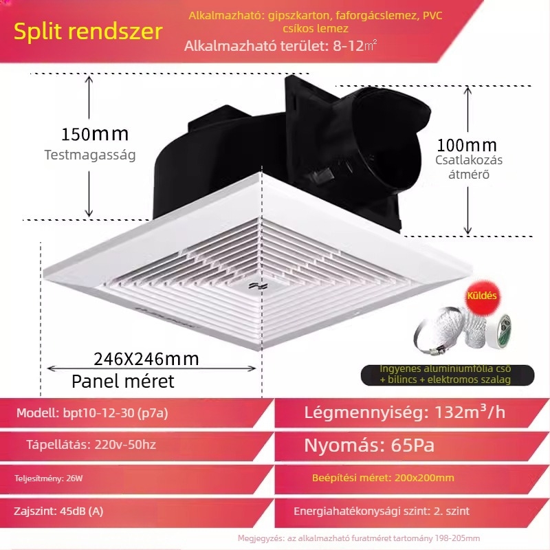 Jinling mennyezeti szellőző ventilátor gipszkartonos mennyezethez, 30x30 cm, fürdőszoba és WC szellőztetés